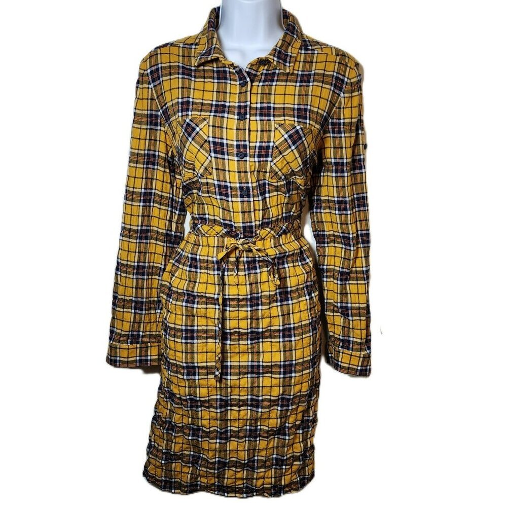 J. Peterman Med Plaid Shirt‎ Dress Yellow Black Flannel Tie Waist Long Sleeve